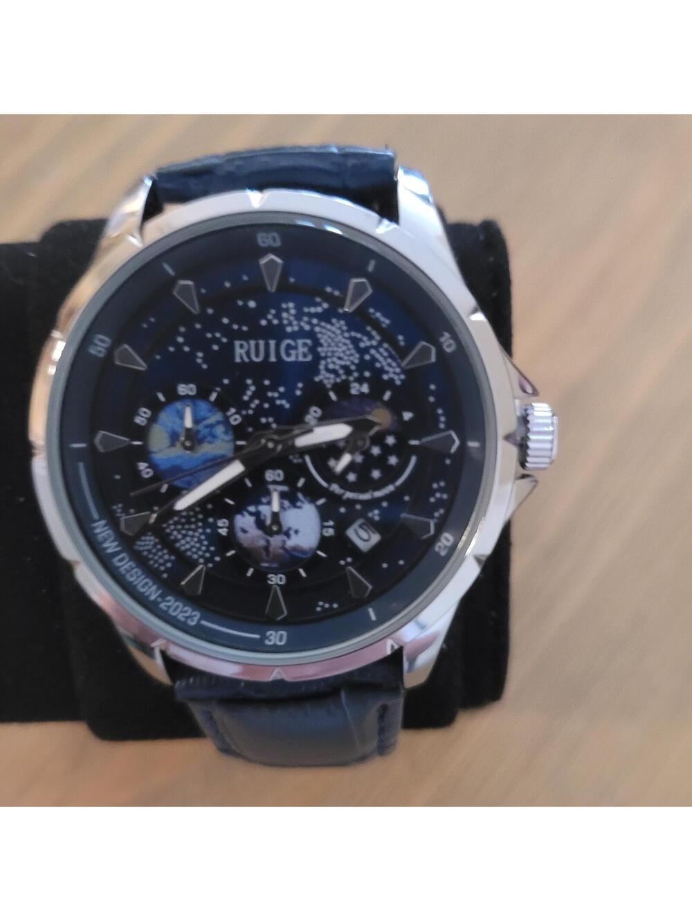 RUIGE Men's Analog Watch with Blue Leather Strap